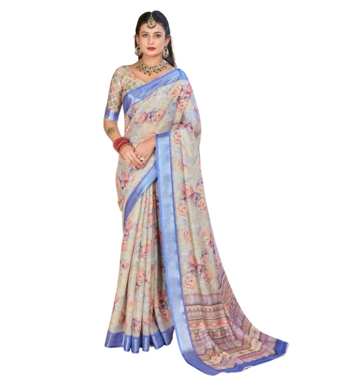 Generic Women's Printed Cotton Linen Saree withPrinted  Saree With Unstitched Blouse (Beige, 5-6Mtrs)
