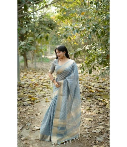 Generic Women's Silk_Blend Checked Saree With Unstitched Blouse 5.5Mtr (Sky_Blue)