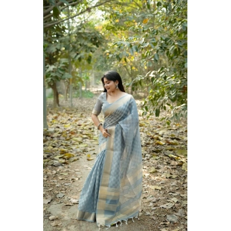 Generic Women's Silk_Blend Checked Saree With Unstitched Blouse 5.5Mtr (Sky_Blue)