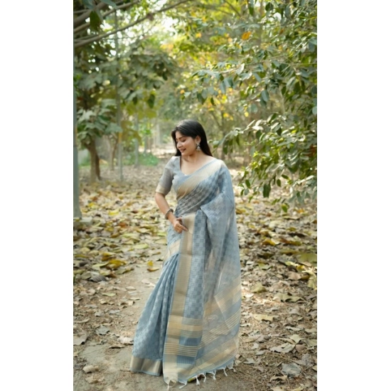 Generic Women's Silk_Blend Checked Saree With Unstitched Blouse 5.5Mtr (Sky_Blue)