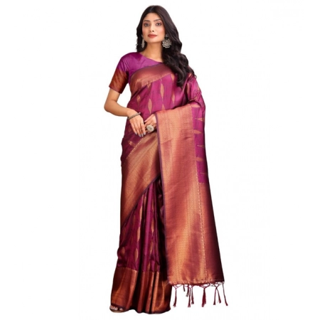 Generic Women's Banarasi Silk Printed Saree With Unstitched Blouse 5.5Mtr (Purple)