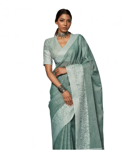 Generic Women's Linen Printed Saree With Unstitched Blouse 5.5Mtr (Sea Green)