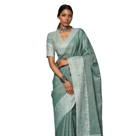 Generic Women's Linen Printed Saree With Unstitched Blouse 5.5Mtr (Sea Green)