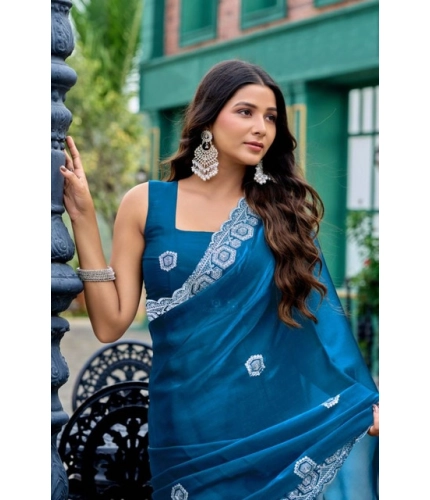 Generic Women's Faux Shimmer Geometric Ready to wear Saree With Unstitched Blouse 5.5Mtr (Blue)