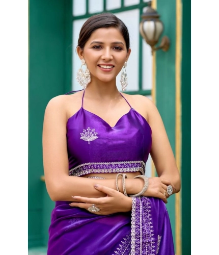 Generic Women's Faux Shimmer Floral Embroidery Ready to wear Saree With Unstitched Blouse 5.5Mtr (Purple)