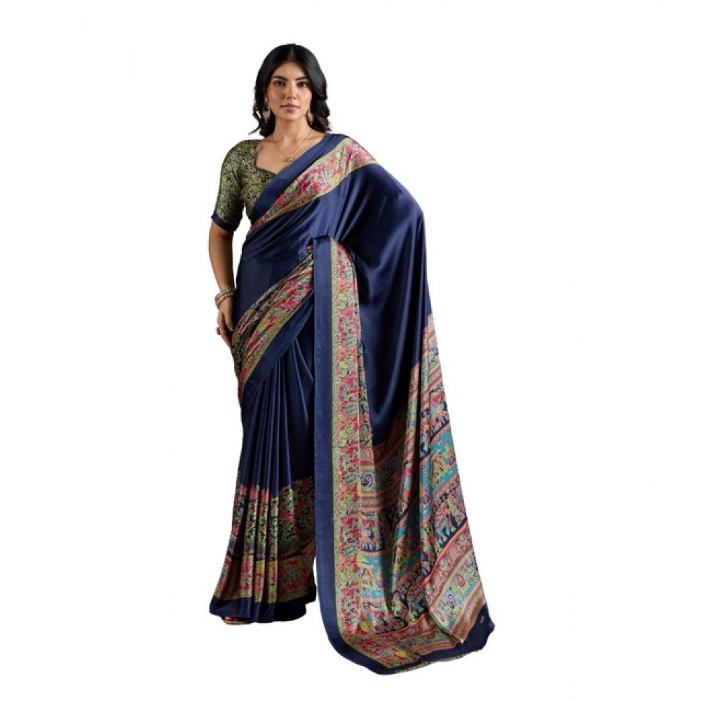 Generic Women's Satin Crepe Printed Saree With Unstitched Blouse 5.5Mtr (Navy Blue) Generic Women's Satin Crepe Printed Saree With Unstitched Blouse 5.5Mtr (Navy Blue)