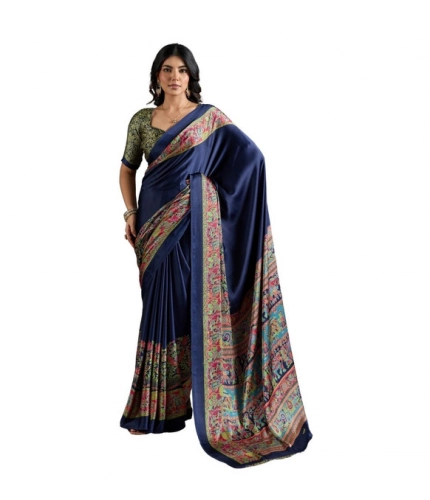 Generic Women's Satin Crepe Printed Saree With Unstitched Blouse 5.5Mtr (Navy Blue)