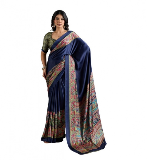 Generic Women's Satin Crepe Printed Saree With Unstitched Blouse 5.5Mtr (Navy Blue)