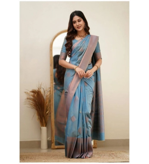 Generic Women's Soft Litchi Silk Jacquard Work Saree With Unstitched Blouse 5.5Mtr (Gray)