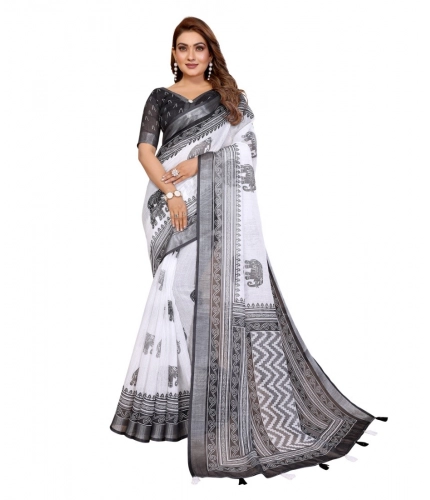 Generic Women's Linen Cotton Printed Saree With Unstitched Blouse 5.5Mtr (White-Black)