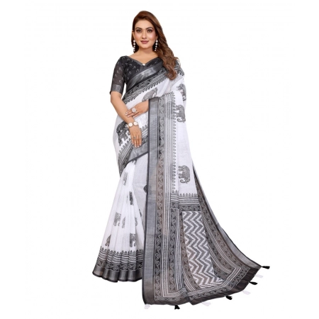 Generic Women's Linen Cotton Printed Saree With Unstitched Blouse 5.5Mtr (White-Black)