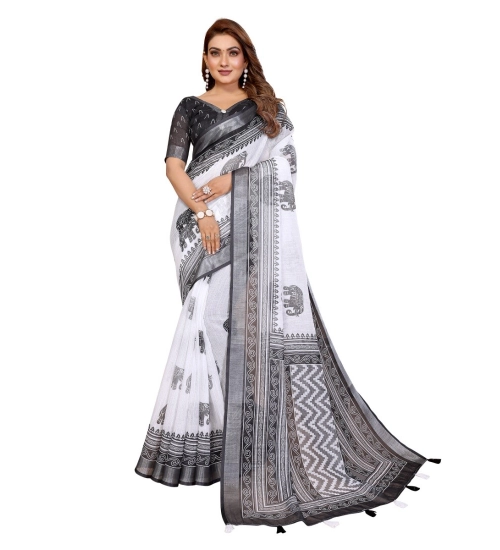 Generic Women's Linen Cotton Printed Saree With Unstitched Blouse 5.5Mtr (White-Black) Generic Women's Linen Cotton Printed Saree With Unstitched Blouse 5.5Mtr (White-Black)