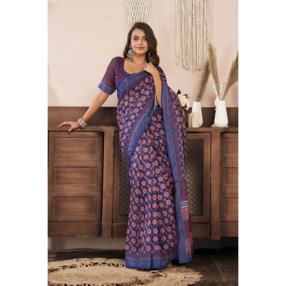 Generic Women's Linen Cotton Printed Ready To Wear Saree With Unstitched Blouse 5.5 Mtr (Dark_Navy_Blue) Generic Women's Linen Cotton Printed Ready To Wear Saree With Unstitched Blouse 5.5 Mtr (Dark_Navy_Blue)