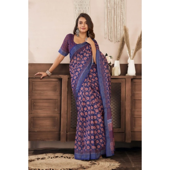 Generic Women's Linen Cotton Printed Ready To Wear Saree With Unstitched Blouse 5.5 Mtr (Dark_Navy_Blue)