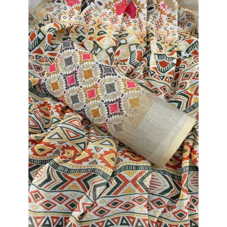 Generic Women's Linen Cotton  Printed Saree With Unstitched Blouse 5.5Mtr (Cream)