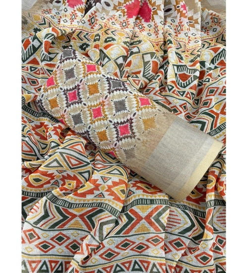 Generic Women's Linen Cotton Printed Saree With Unstitched Blouse 5.5Mtr (Cream) Generic Women's Linen Cotton Printed Saree With Unstitched Blouse 5.5Mtr (Cream)