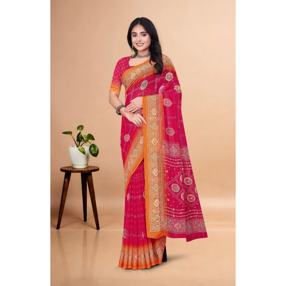 Women's Art Silk Printed Saree With Unstitched Blouse 5.5Mtr (Pink)