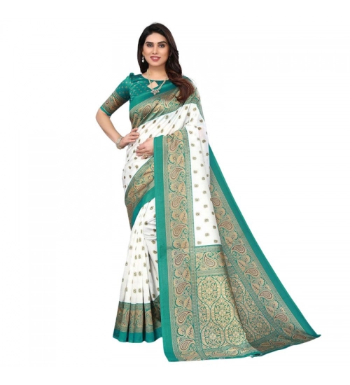 Generic Women's Litchi silk Printed Saree With Unstitched Blouse  5-6 Mtrs (Turquoise Blue)