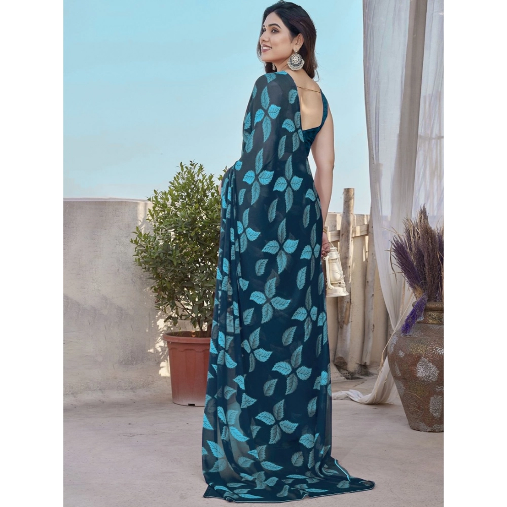 Women's Chiffon Printed Saree With Unstitched Blouse 5.5Mtr (Blue)