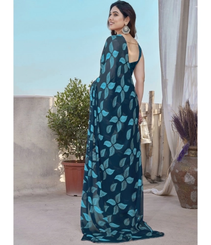 Generic Women's Chiffon Printed Saree With Unstitched Blouse 5.5Mtr (Blue)