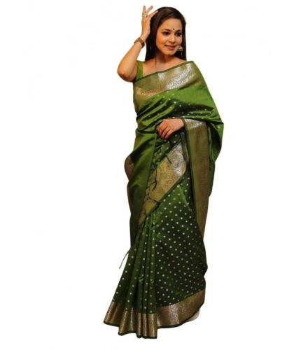 Generic Women's Soft Lichi Silk Printed Saree With Unstitched Blouse 5.5Mtr (Green)