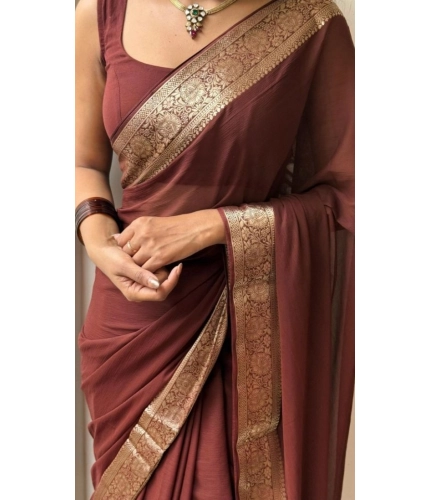 Generic Women's Vichitra Silk Printed Saree With Unstitched Blouse 5.5Mtr (Brown)