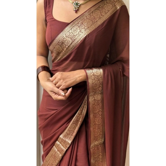 Generic Women's Vichitra Silk Printed Saree With Unstitched Blouse 5.5Mtr (Brown)
