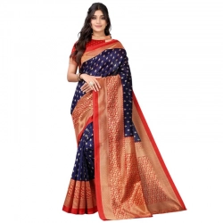 Generic Women's Litchi silk Printed Saree With Unstitched Blouse  5-6 Mtrs (Navy Blue)