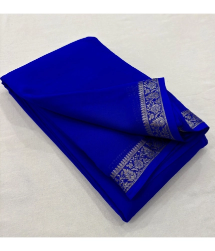 Generic Women's Crepe Chit Pallu Solid Saree With Unstitched Blouse 5.5Mtr (Blue)