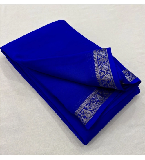 Generic Women's Crepe Chit Pallu Solid Saree With Unstitched Blouse 5.5Mtr (Blue)