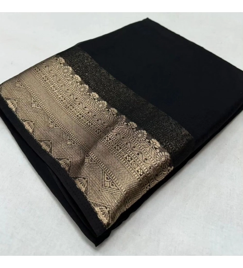 Generic Women's Crepe Chit Pallu Solid Saree With Unstitched Blouse 5.5Mtr (Black)