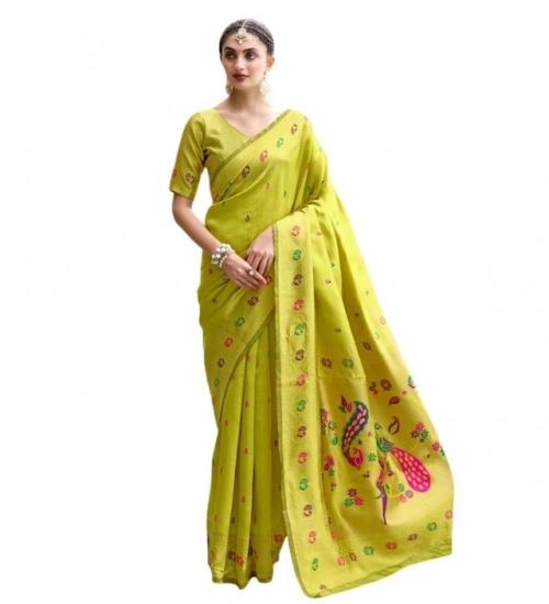 Generic Women's Silk Blend Paithani Weaving Saree With Unstitched Blouse 5.5Mtr (Lime-Green)