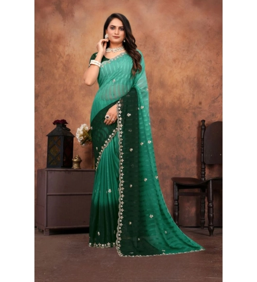 Generic Women's Chiffon Embroidred Saree With Unstitched Blouse 5.5Mtr (Dark Green)