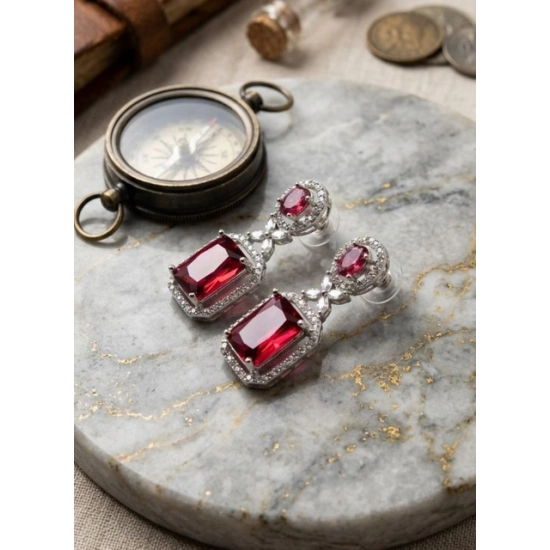 Generic Women's Brass Silver Plated Drop Earrings (Red) Generic Women's Brass Silver Plated Drop Earrings (Red)