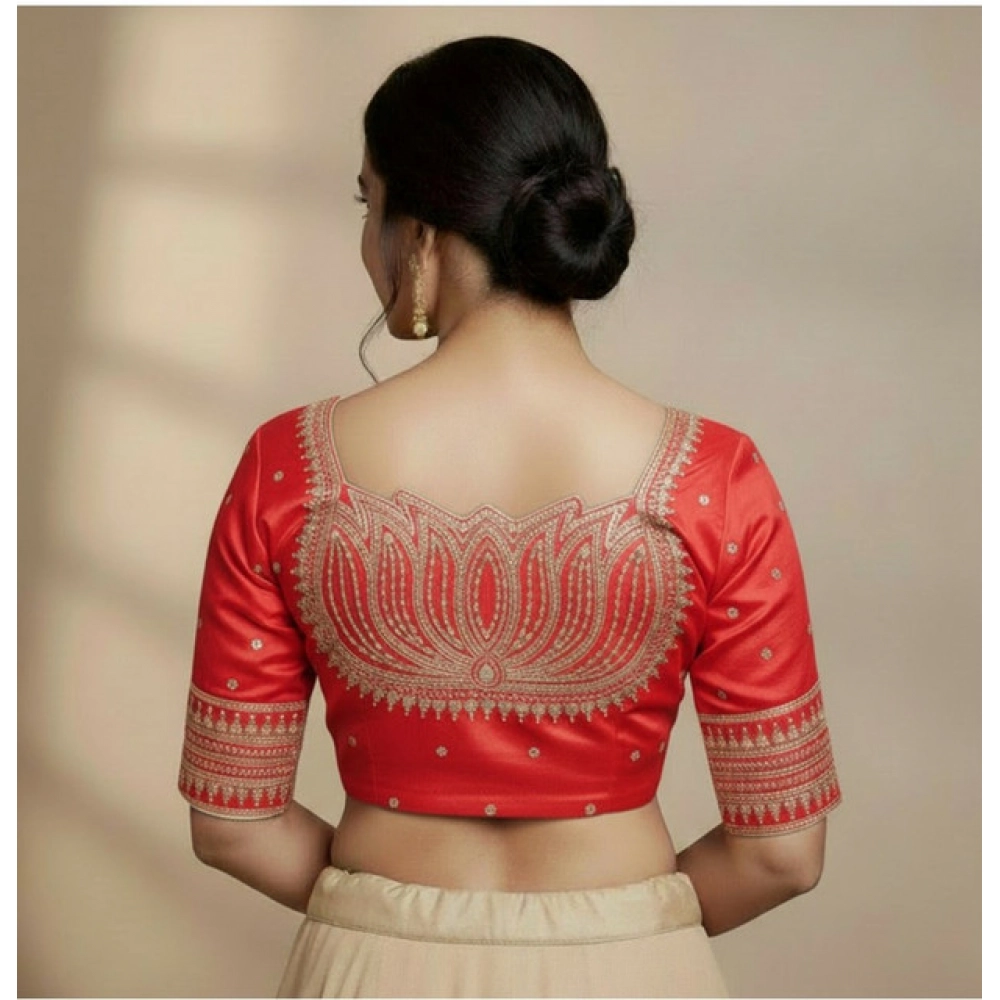 Generic Women's Vichitra Silk V Neck Padded Blouse (Red, 38 Ready Size (Self-Alterable 36–40)