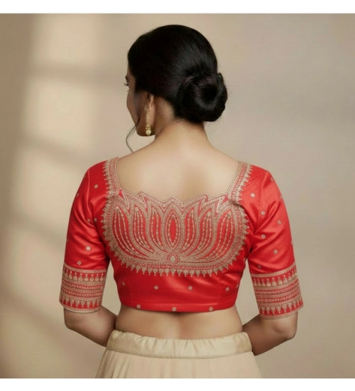 Generic Women's Vichitra Silk V Neck Padded Blouse (Red, 38 Ready Size (Self-Alterable 36–40)