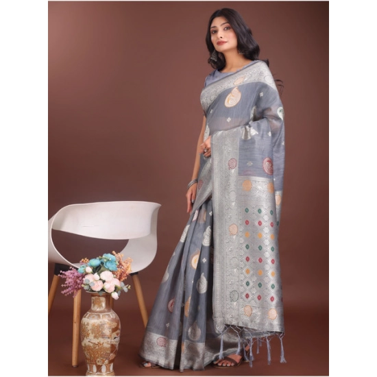Generic Women's Linen Cotton Printed Saree With Unstitched Blouse 5.5Mtr (Grey)