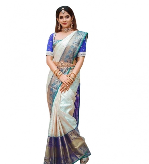 Generic Women's Litchi silk Printed Saree With Unstitched Blouse (Off White)