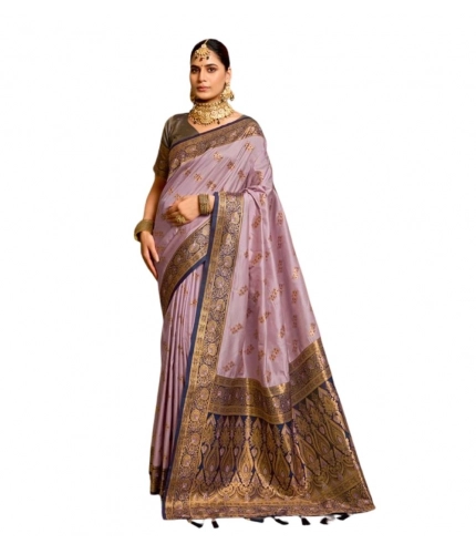 Generic Women's Silk Blend Booti Work Ready to wear Saree With Unstitched Blouse 5.5Mtr (Lavender)