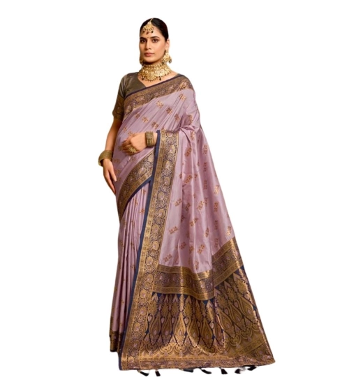 Generic Women's Silk Blend Booti Work Ready to wear Saree With Unstitched Blouse 5.5Mtr (Lavender)