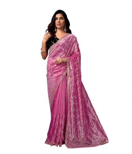 Generic Women's Net Sequence Saree With Unstitched Blouse 5.5Mtr (Light Pink)
