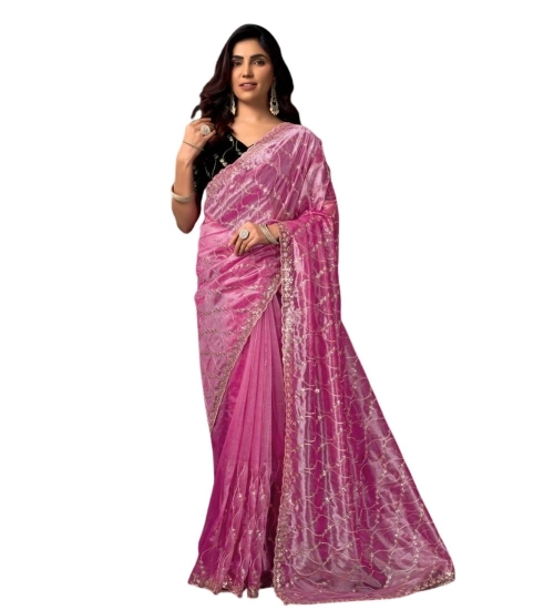 Generic Women's Net Sequence Saree With Unstitched Blouse 5.5Mtr (Light Pink)