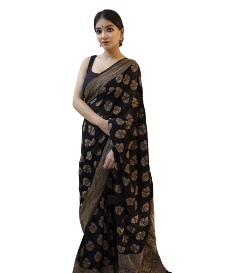 Generic Women's Soft Litchi Silk Jacquard Work Saree With Unstitched Blouse 5.5Mtr (Black)
