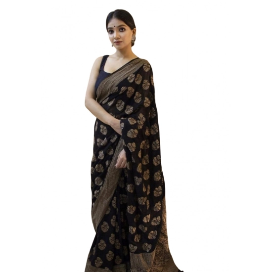 Generic Women's Soft Litchi Silk Jacquard Work Saree With Unstitched Blouse 5.5Mtr (Black) Generic Women's Soft Litchi Silk Jacquard Work Saree With Unstitched Blouse 5.5Mtr (Black)
