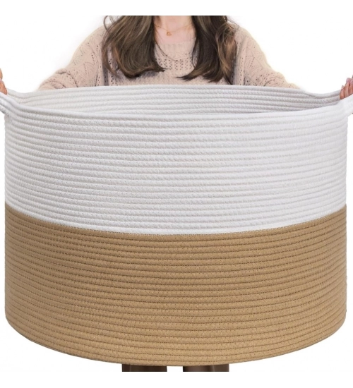 Generic Cotton Pack Of_1 16x14 Inch Storage Basket For Clothes With Out Lid (Beige-White)