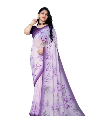 Generic Women's Georgette Floral Printed Saree With Unstitched Blouse 5.5Mtr (Purple)