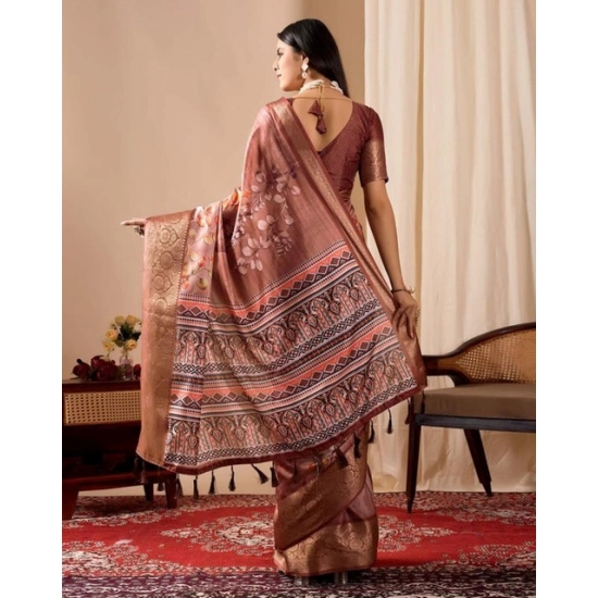Generic Women's Faux_Silk Printed Saree With Unstitched Blouse 5.5Mtr (Brown)