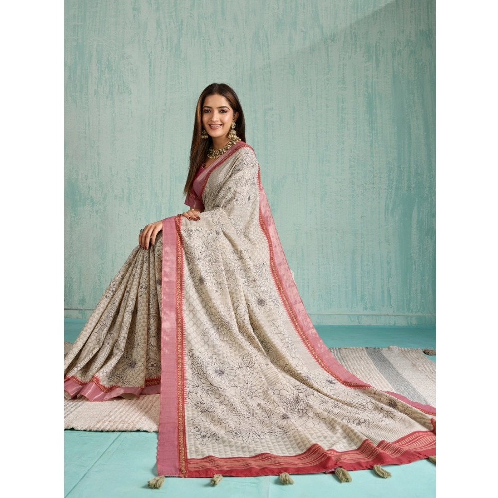 Generic Women's Silk Blend Printed Saree With Unstitched Blouse 5.5Mtr (Beige) Generic Women's Silk Blend Printed Saree With Unstitched Blouse 5.5Mtr (Beige)