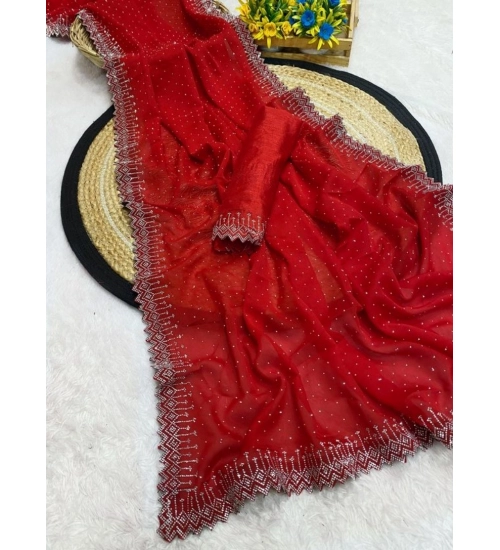 Generic Women's Georgette Stone Work Saree With Unstitched Blouse 5.5Mtr (Red)