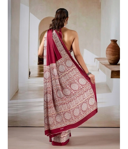 Generic Women's Satin Crepe Printed Saree With Unstitched Blouse 5.5Mtr (Maroon)